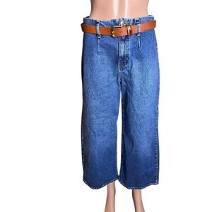 Zara Cropped Wide Leg Jeans 6 Faux Leather Belt Included Relaxed Coastal Cowgirl